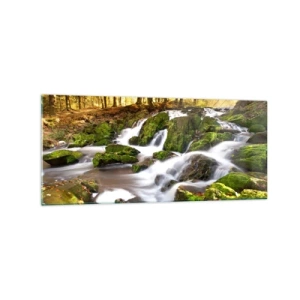 Obraz na szkle - Zalesiony krajobraz z wodospadem otoczonym mchem - 120x50cm - Bystro przez jesienny las - Nowoczesna dekoracja ścienna do salonu i sypialni ARTTOR