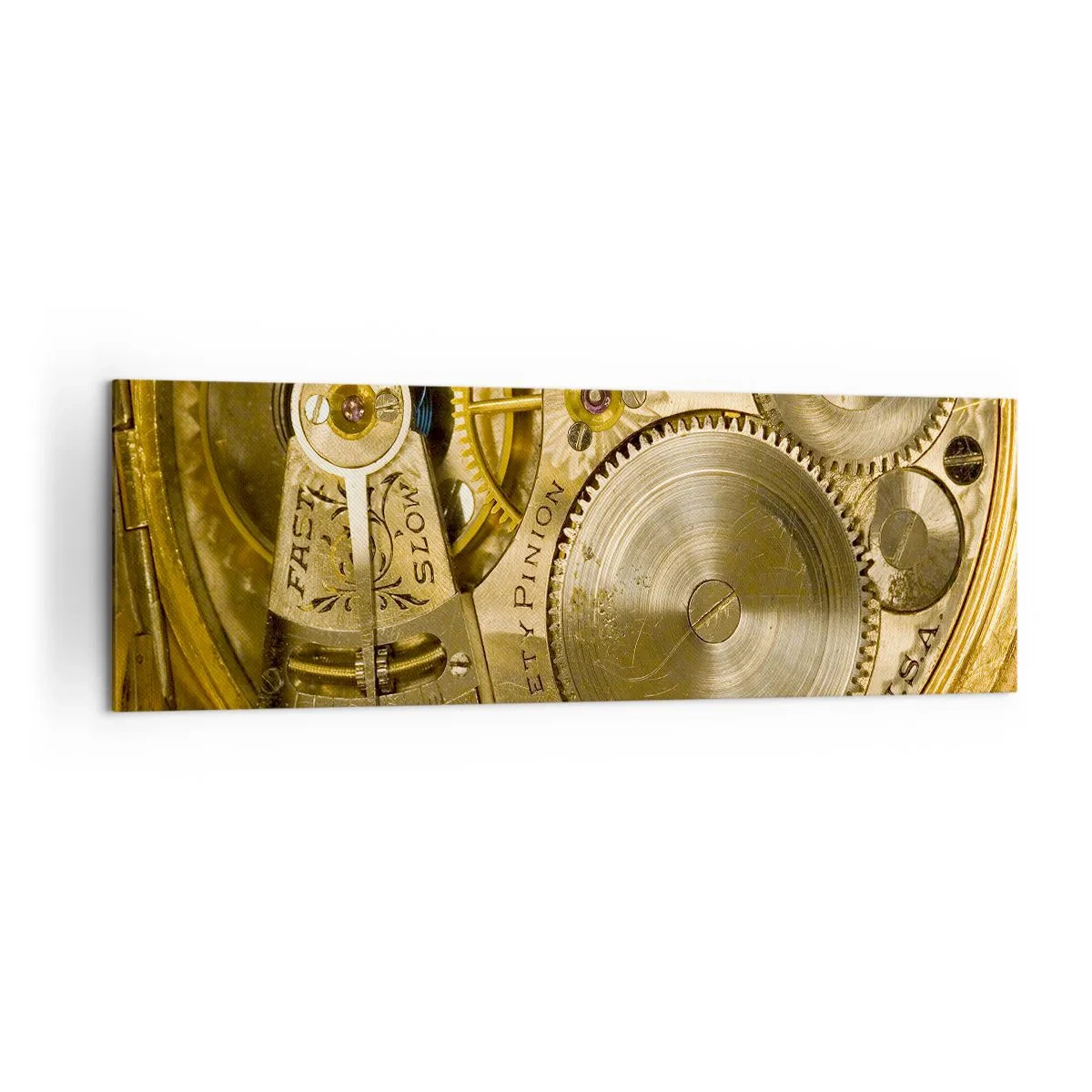 Obraz na płótnie - Mechanizm zegarka z widocznymi zębatkami i detalami - 160x50cm - Idź z duchem czasu - Nowoczesna dekoracja ścienna do salonu i sypialni ARTTOR