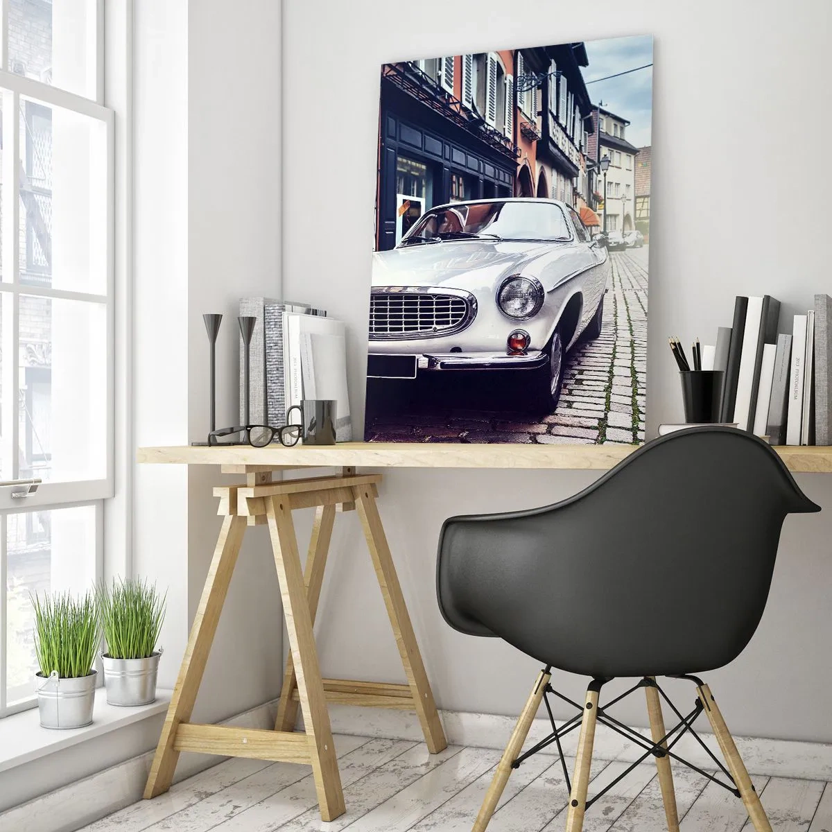 Obraz na szkle - Biały klasyczny samochód na tle zabytkowych budynków - 50x70cm - Przeszłość to dziś - Nowoczesna dekoracja ścienna do salonu, kuchni i sypialni ARTTOR