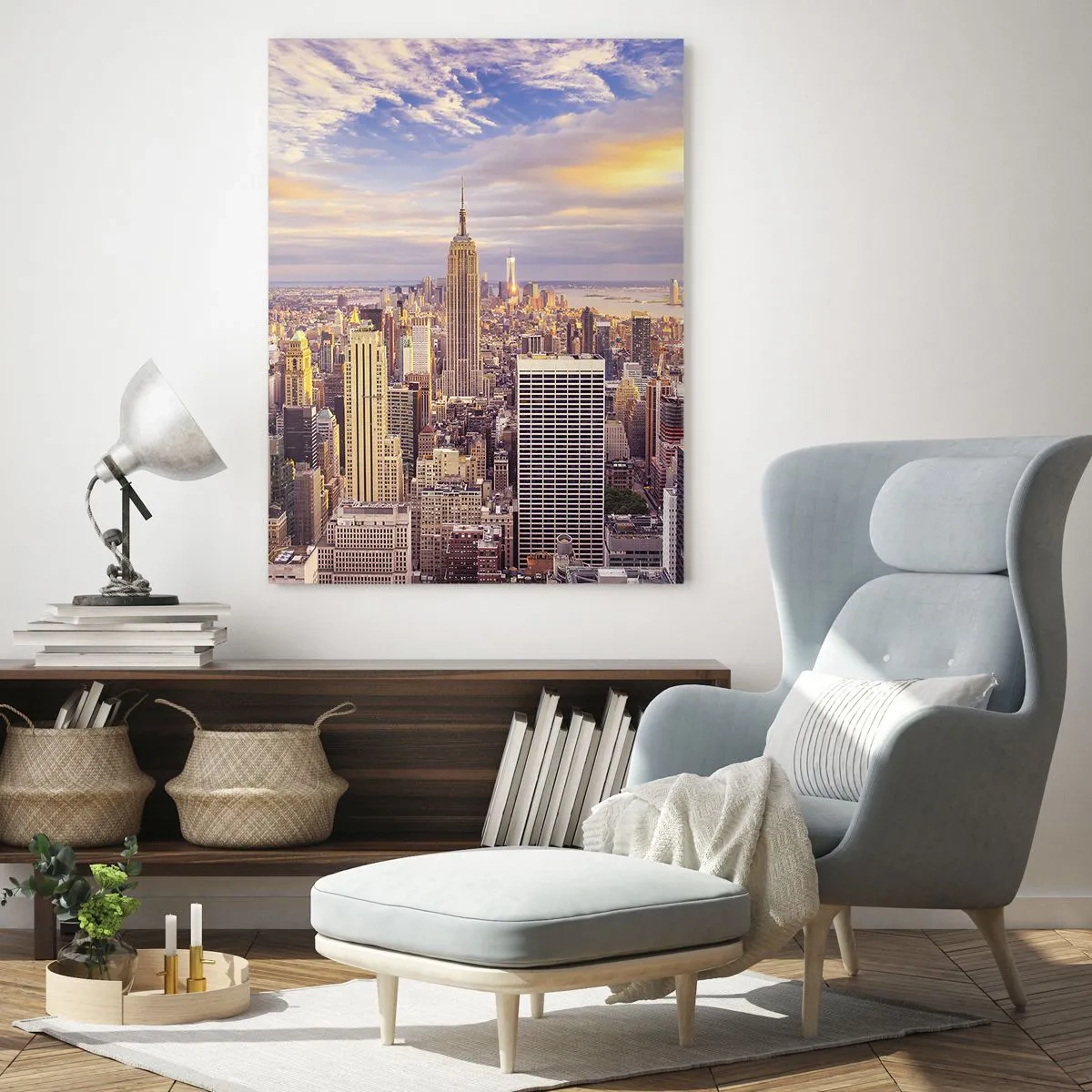 Obraz na szkle - Panorama miasta z drapaczami chmur o zachodzie słońca - 50x70cm - Sięgnąć samych chmur - Nowoczesna dekoracja ścienna do salonu, kuchni i sypialni ARTTOR