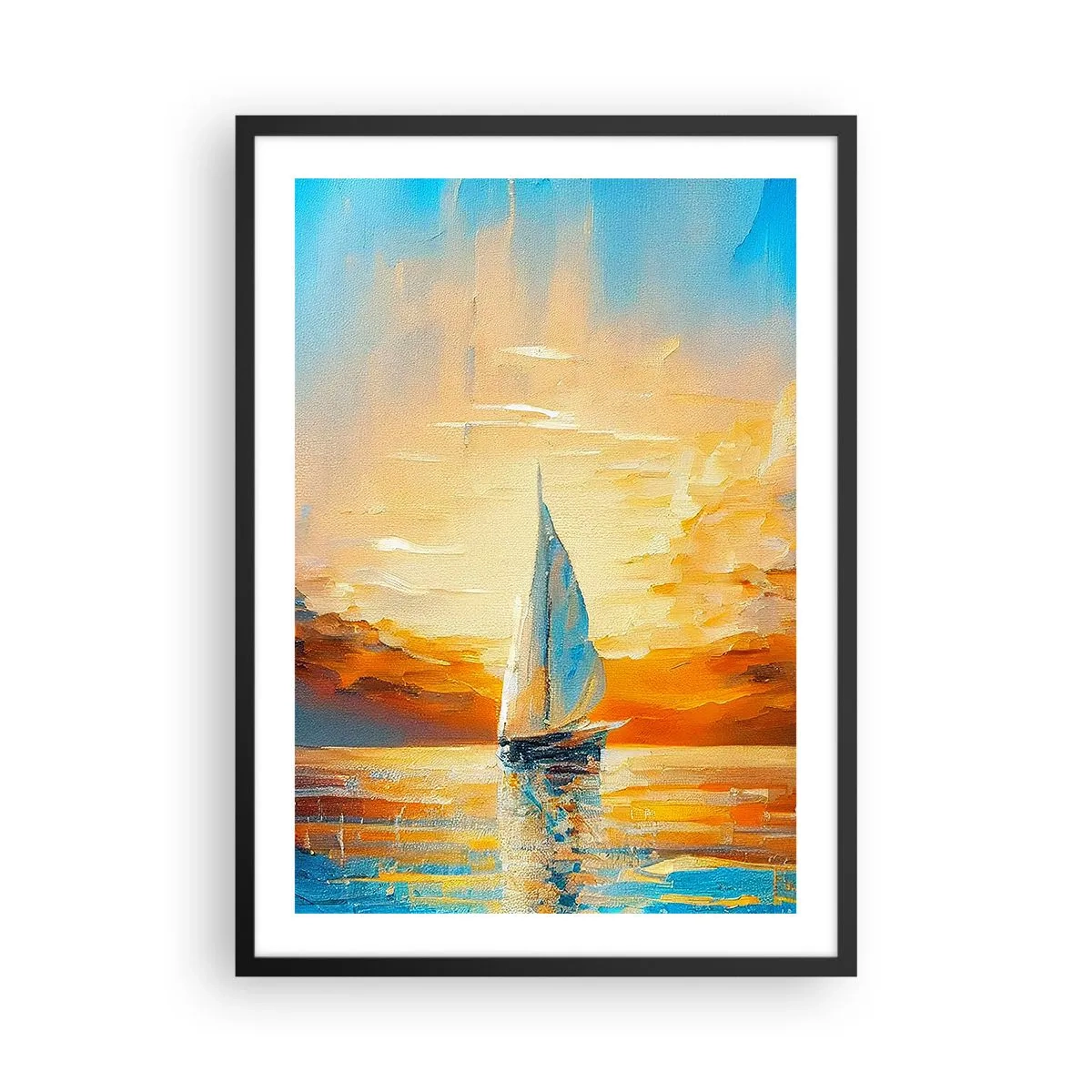 Plakat w czarnej ramie - Żaglówka na tle złotego zachodu słońca - 50x70cm - Żegluga w złocie - Nowoczesna dekoracja ścienna do salonu i sypialni ARTTOR
