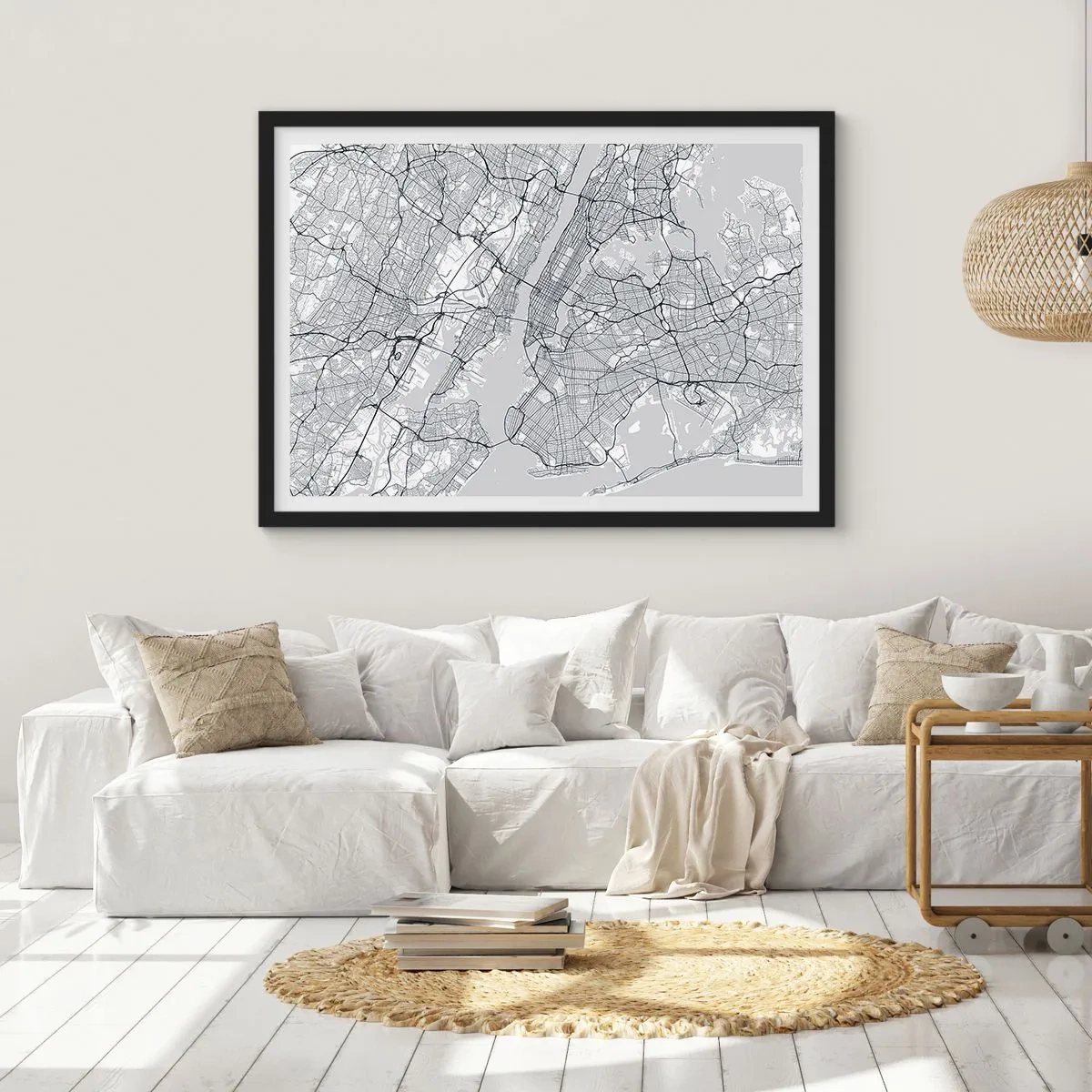 Plakat w czarnej ramie - Mapa miasta w minimalistycznym stylu na szarym tle - 70x50cm - Anatomia metropolii - Nowoczesna dekoracja ścienna do salonu i sypialni ARTTOR