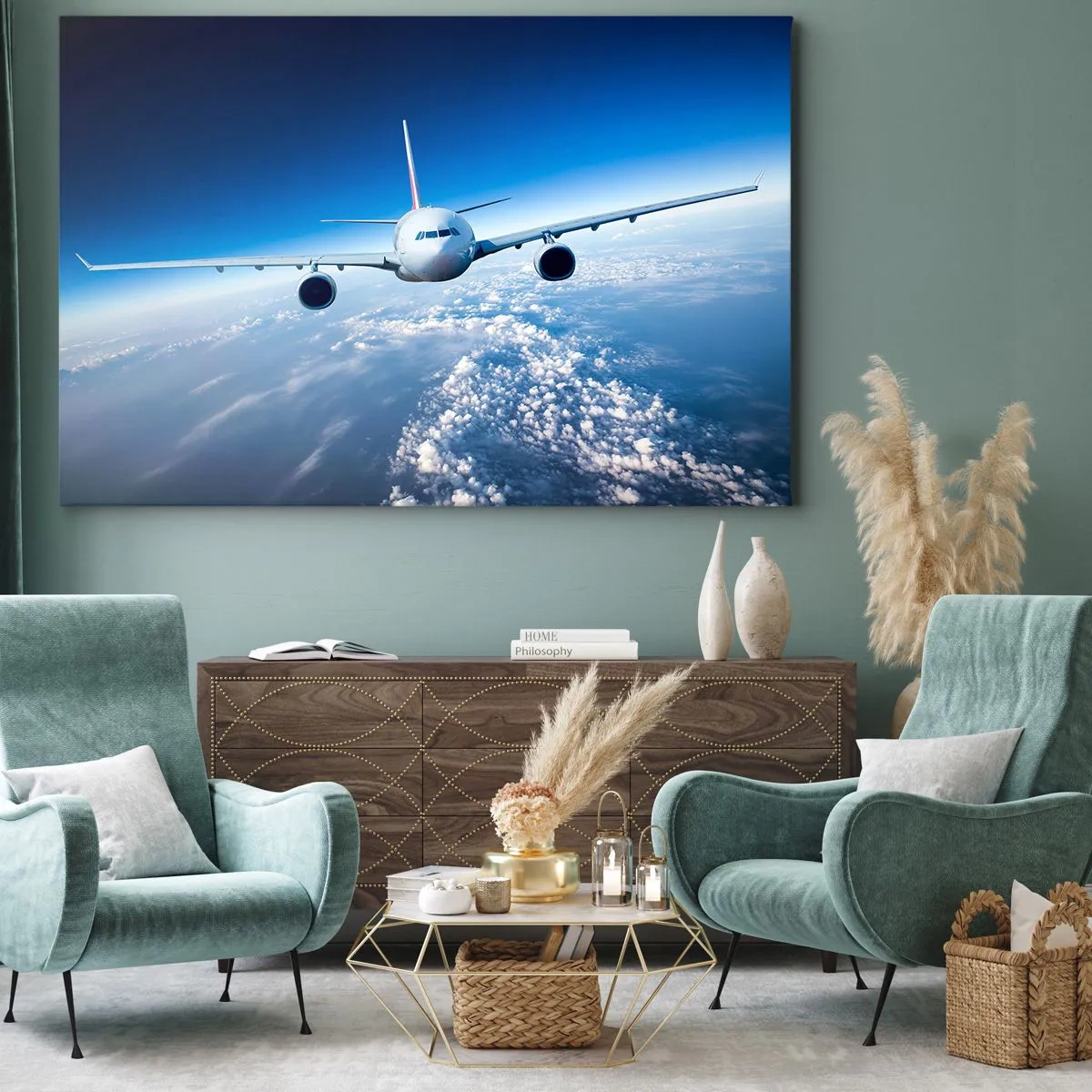 Obraz na płótnie - Samolot lecący nad chmurami na tle błękitnego nieba - 70x50cm - Lecę bo chę - Nowoczesna dekoracja ścienna do salonu i sypialni ARTTOR