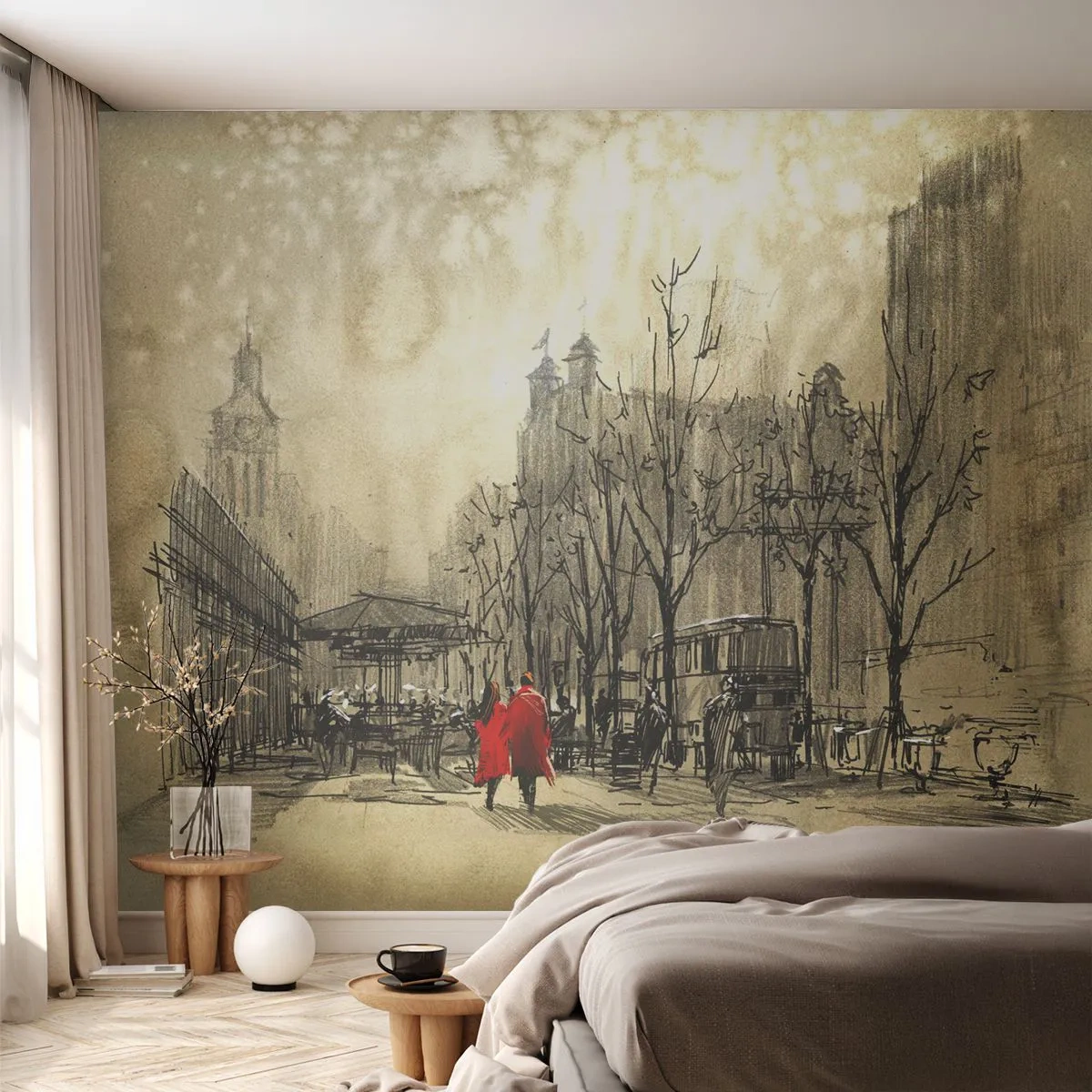 Fototapeta Premium Sand - Szkic miejski z postaciami w czerwonych płaszczach - 100x70cm - Randka w londyńskiej mgle - Nowoczesna dekoracja ścienna do salonu, kuchni i sypialni ARTTOR