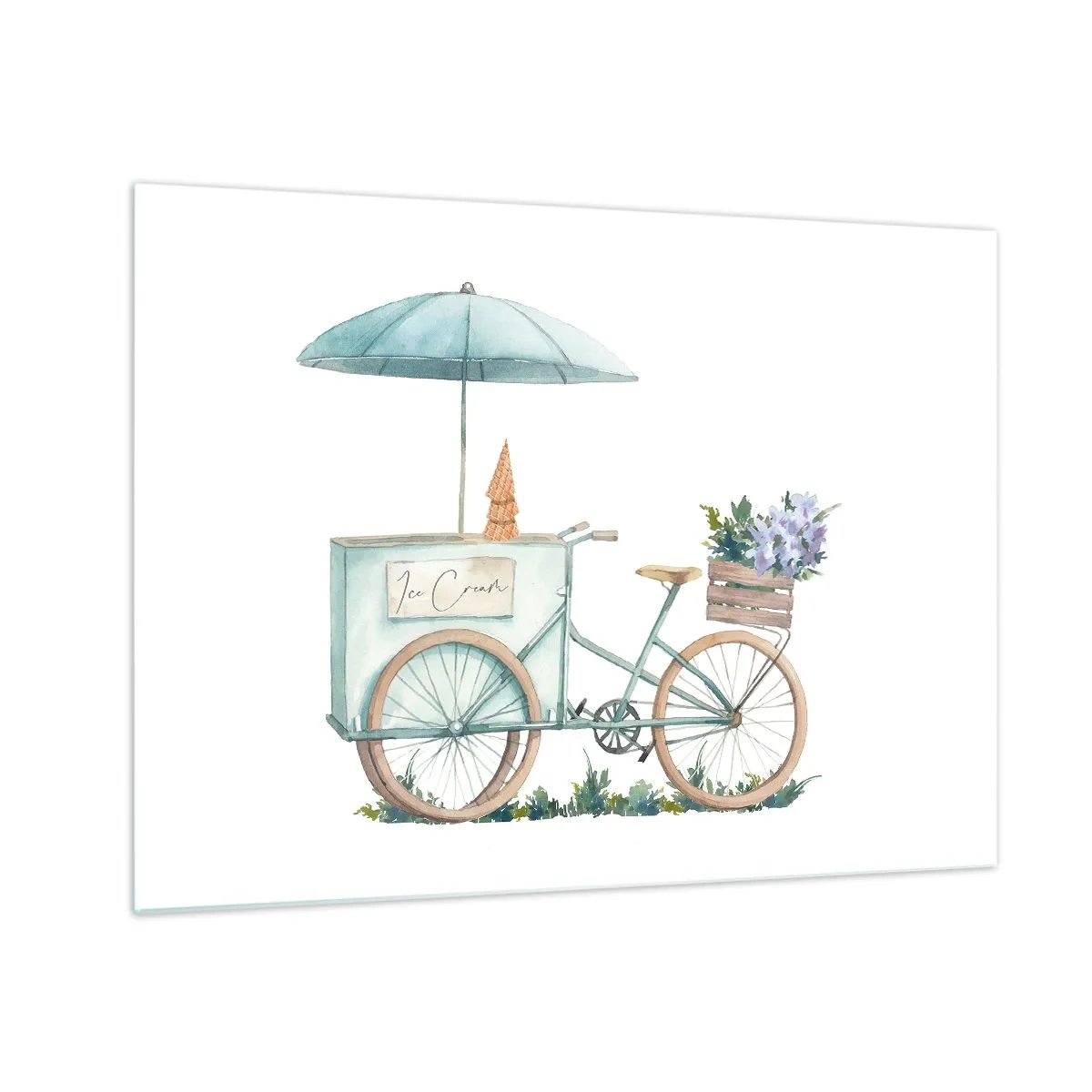 Obraz na szkle - Rower z lodami i kwiatami w pastelowych kolorach - 70x50cm - Słodkie wspomnienie lata - Nowoczesna dekoracja ścienna do salonu i sypialni ARTTOR
