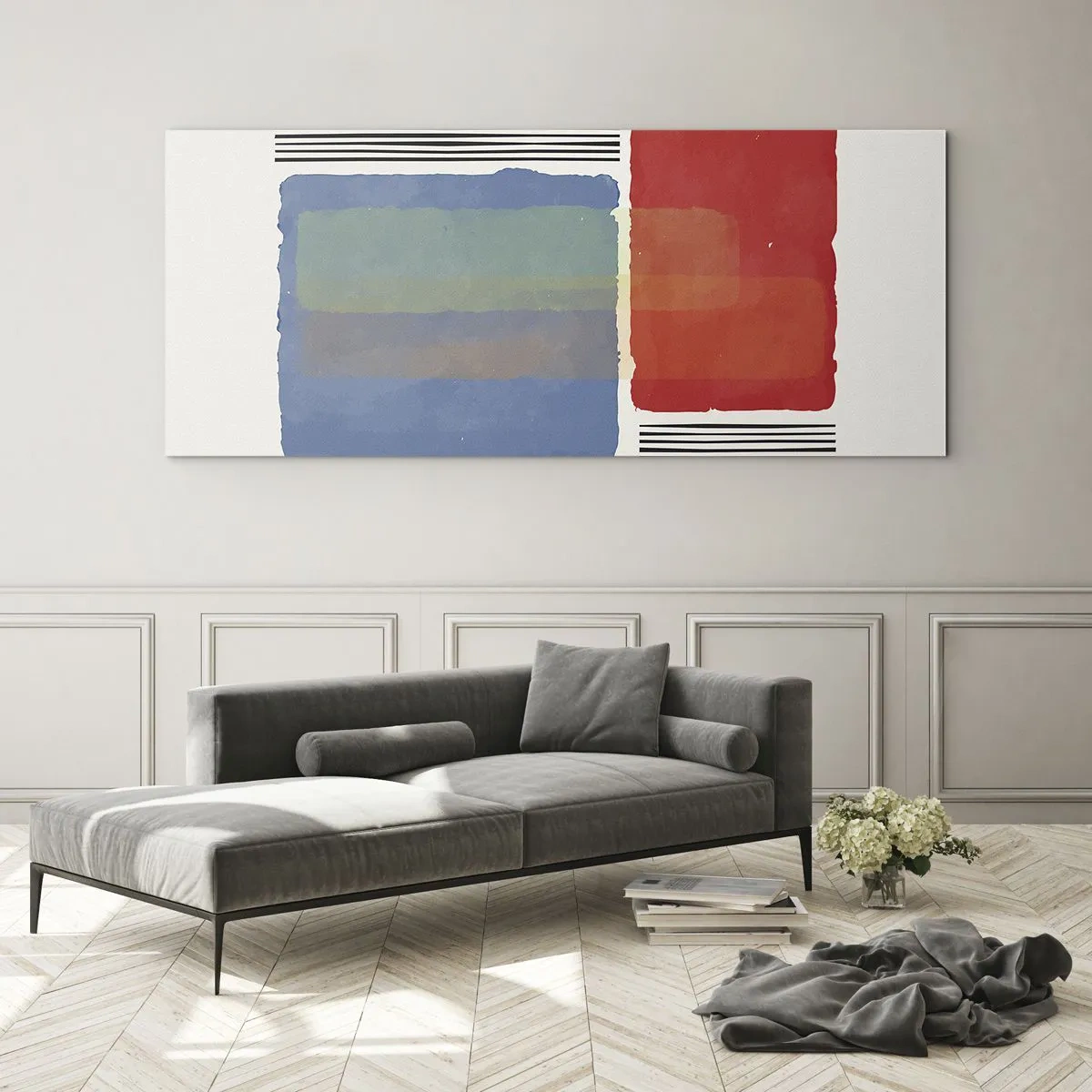 Obraz na szkle - Geometryczna kompozycja z kolorowymi blokami i liniami - 120x50cm - Duch i litera geometrii - Nowoczesna dekoracja ścienna do salonu i sypialni ARTTOR