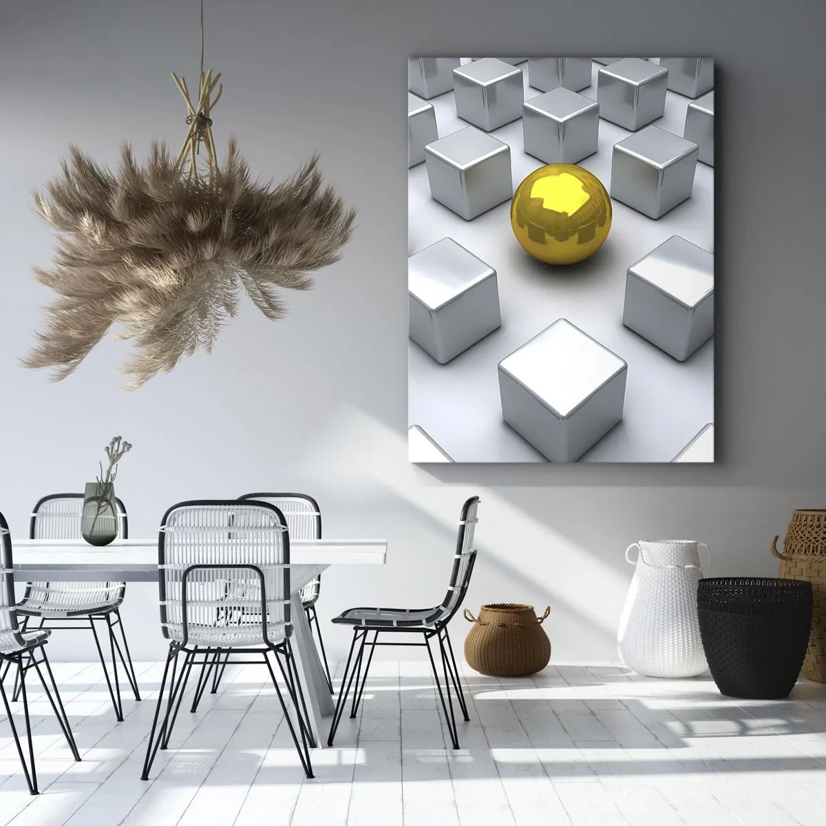 Obraz na płótnie - Złota kula wśród białych sześcianów - 50x70cm - Dlaczego ja? Kompozycja geometryczna - Nowoczesna dekoracja ścienna do salonu, kuchni i sypialni ARTTOR