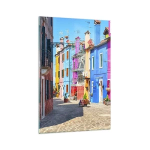 Obraz na szkle - Kolorowe budynki w wąskiej uliczce miasteczka - 70x100cm - Miasteczko "Pod papugami" - Nowoczesna dekoracja ścienna do salonu i sypialni ARTTOR