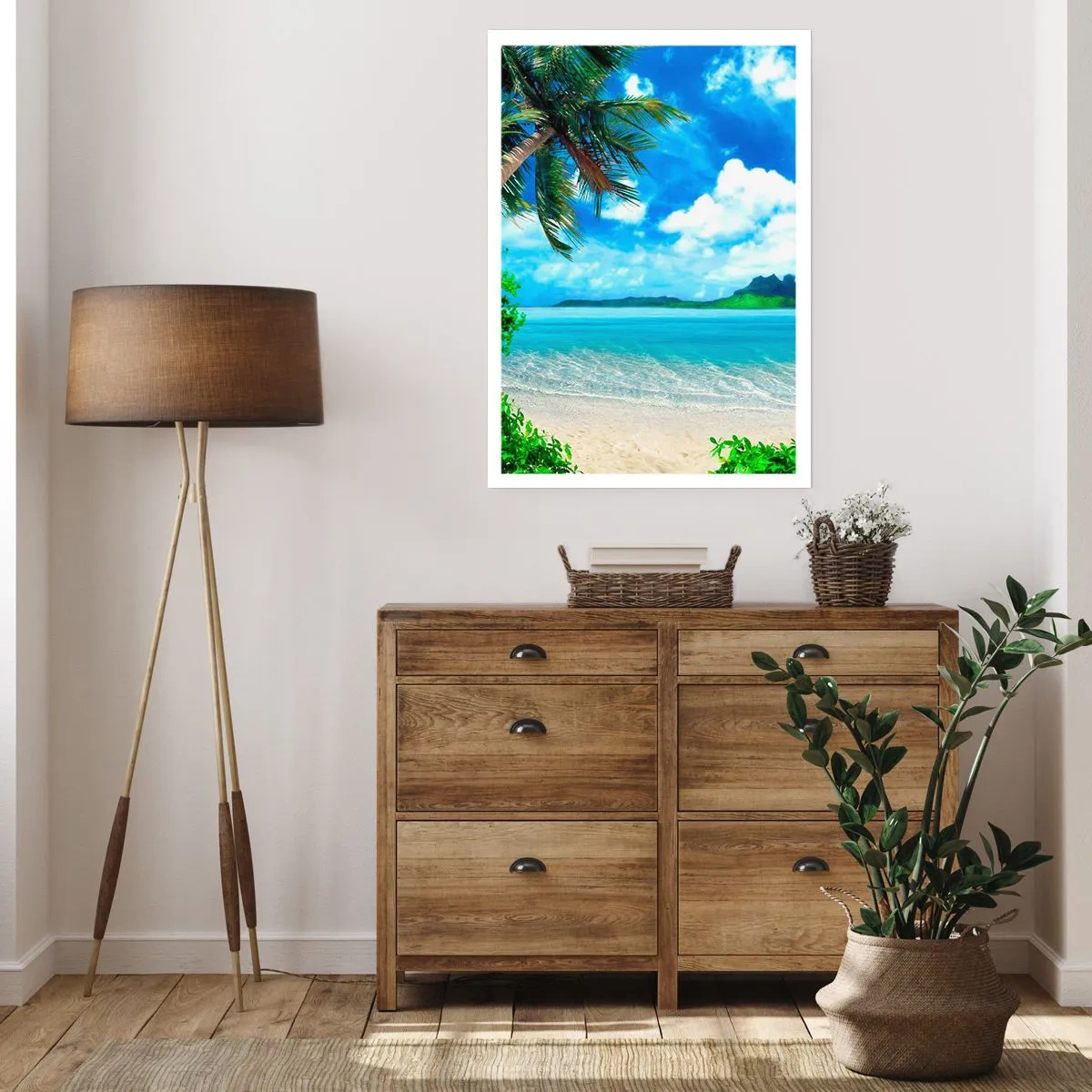 Plakat - Tropikalna plaża z palmą i lazurowym morzem - 50x70cm - Lazur tropików - Nowoczesna dekoracja ścienna do salonu, kuchni i sypialni ARTTOR