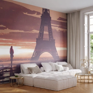 Fototapeta Premium Sand - Wieża Eiffla o zachodzie słońca z samotną postacią w tle - 100x70cm - Tylko one dwie - Nowoczesna dekoracja ścienna do salonu, kuchni i sypialni ARTTOR