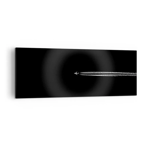 Obraz na płótnie - Samolot odrzutowy z widoczną smugą na czarnym tle - 140x50cm - W inny wymiar - Nowoczesna dekoracja ścienna do salonu i sypialni ARTTOR