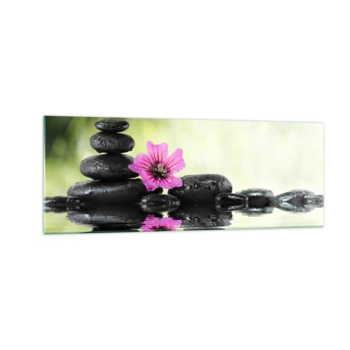 Obraz na szkle - Kamienie Zen i różowy kwiat odbijające się w wodzie - 140x50cm - Czas dla duszy - Nowoczesna dekoracja ścienna do salonu i sypialni ARTTOR