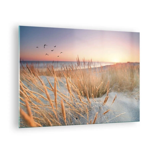 Obraz na szkle - Plaża z trawami i zachodzącym słońcem nad morzem - 70x50cm - Bałtycka kołysanka - Nowoczesna dekoracja ścienna do salonu i sypialni ARTTOR