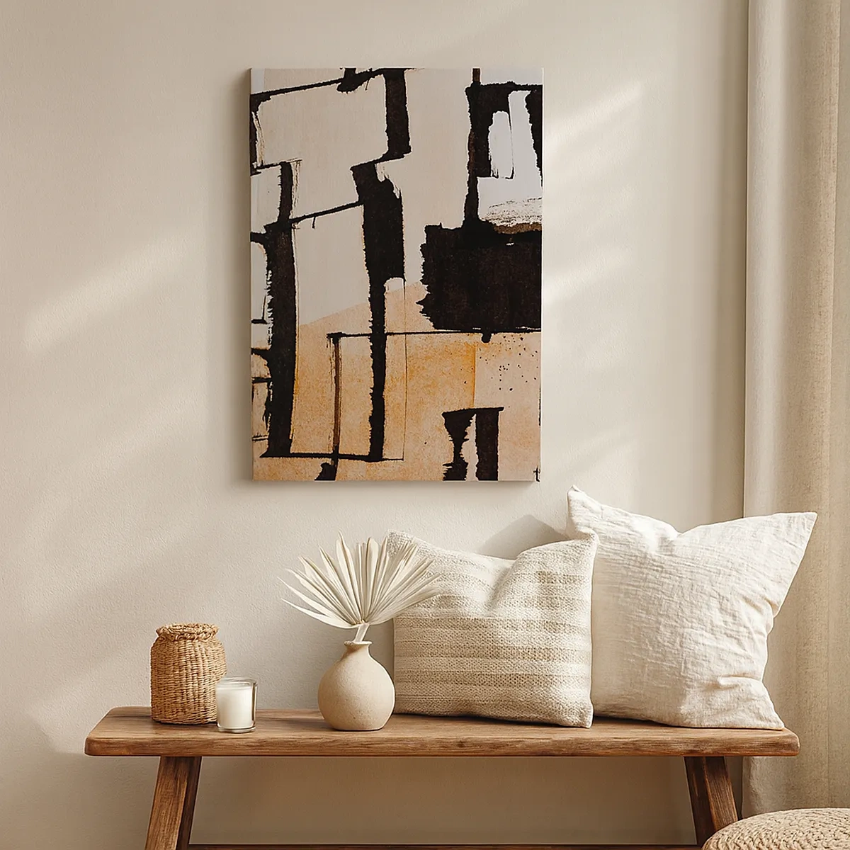 Obraz na płótnie - Abstrakcyjna kompozycja geometryczna w odcieniach beżu i czerni - 50x70cm - Jednak porządek - Nowoczesna dekoracja ścienna do salonu, kuchni i sypialni ARTTOR