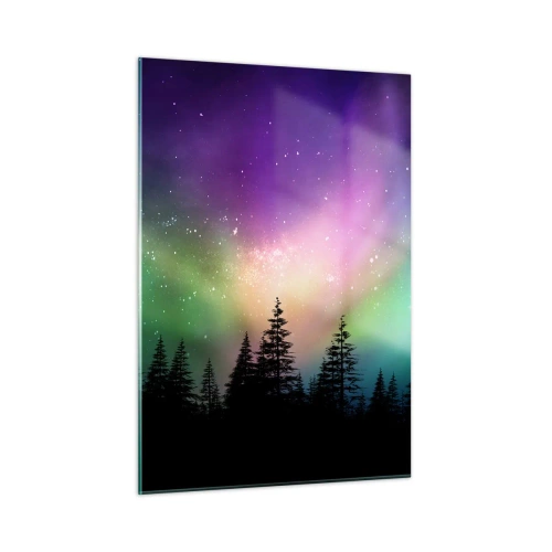 Obraz na szkle - Las nocą pod kolorową zorzą polarną - 50x70cm - Biała magia - Nowoczesna dekoracja ścienna do salonu, kuchni i sypialni ARTTOR