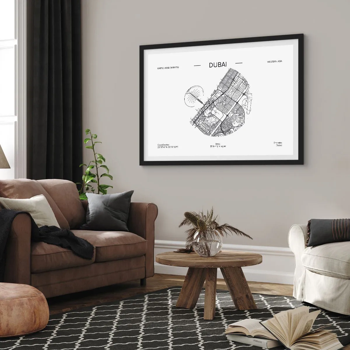 Plakat w czarnej ramie - Minimalistyczna mapa Dubaju w czarno-białej kolorystyce z oznaczeniami lokalizacji - 70x50cm - Anatomia Dubaju - Nowoczesna dekoracja ścienna do salonu i sypialni ARTTOR