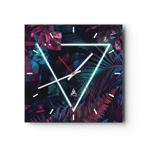 Zegar ścienny - Neonowy trójkąt w otoczeniu tropikalnych liści w ciemnych barwach - 30x30cm - Ogród w stylu disco - Nowoczesna dekoracja ścienna do salonu i sypialni ARTTOR