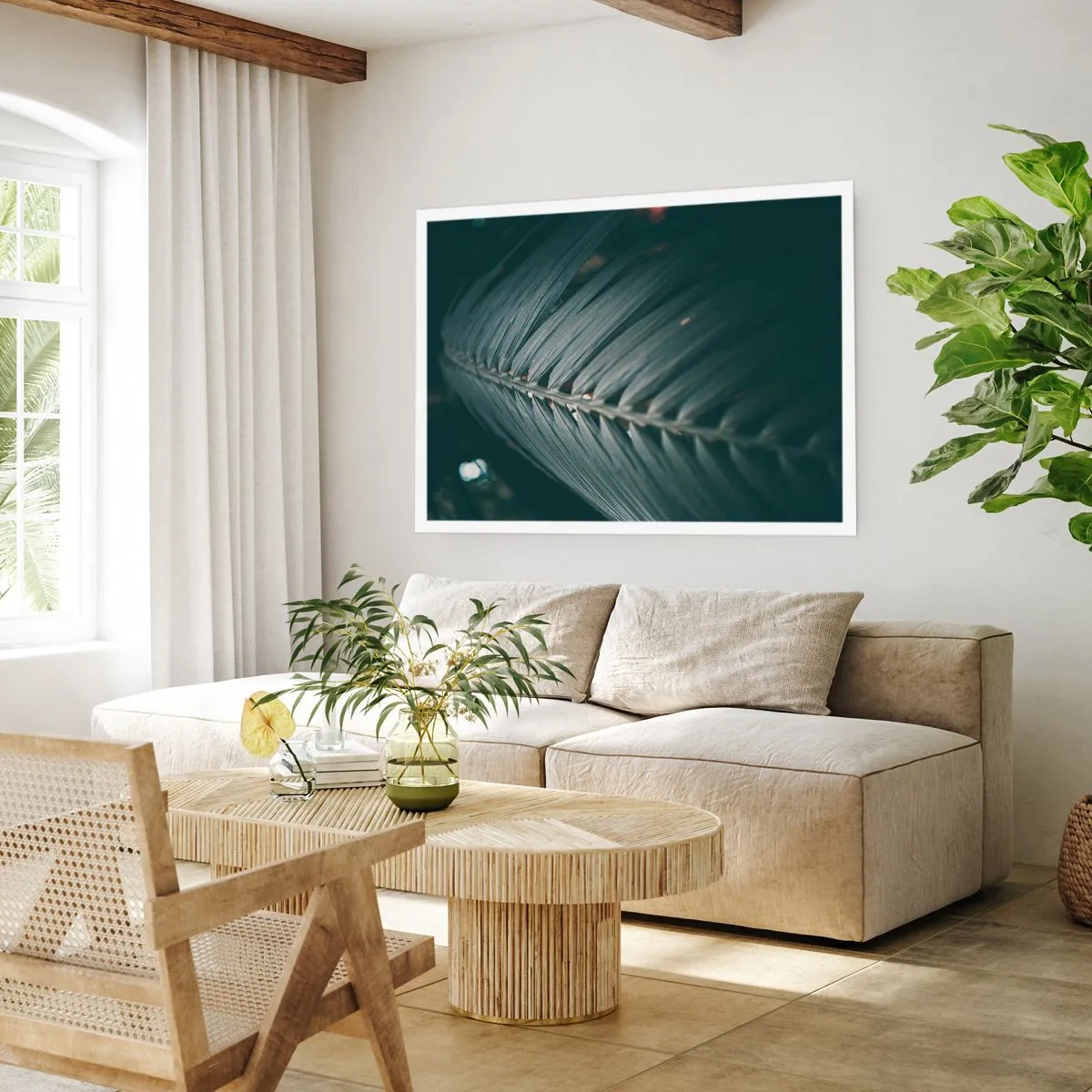 Plakat - Zbliżenie na detal liścia palmowego w ciemnej tonacji - 100x70cm - Precyzja natury - Nowoczesna dekoracja ścienna do salonu i sypialni ARTTOR