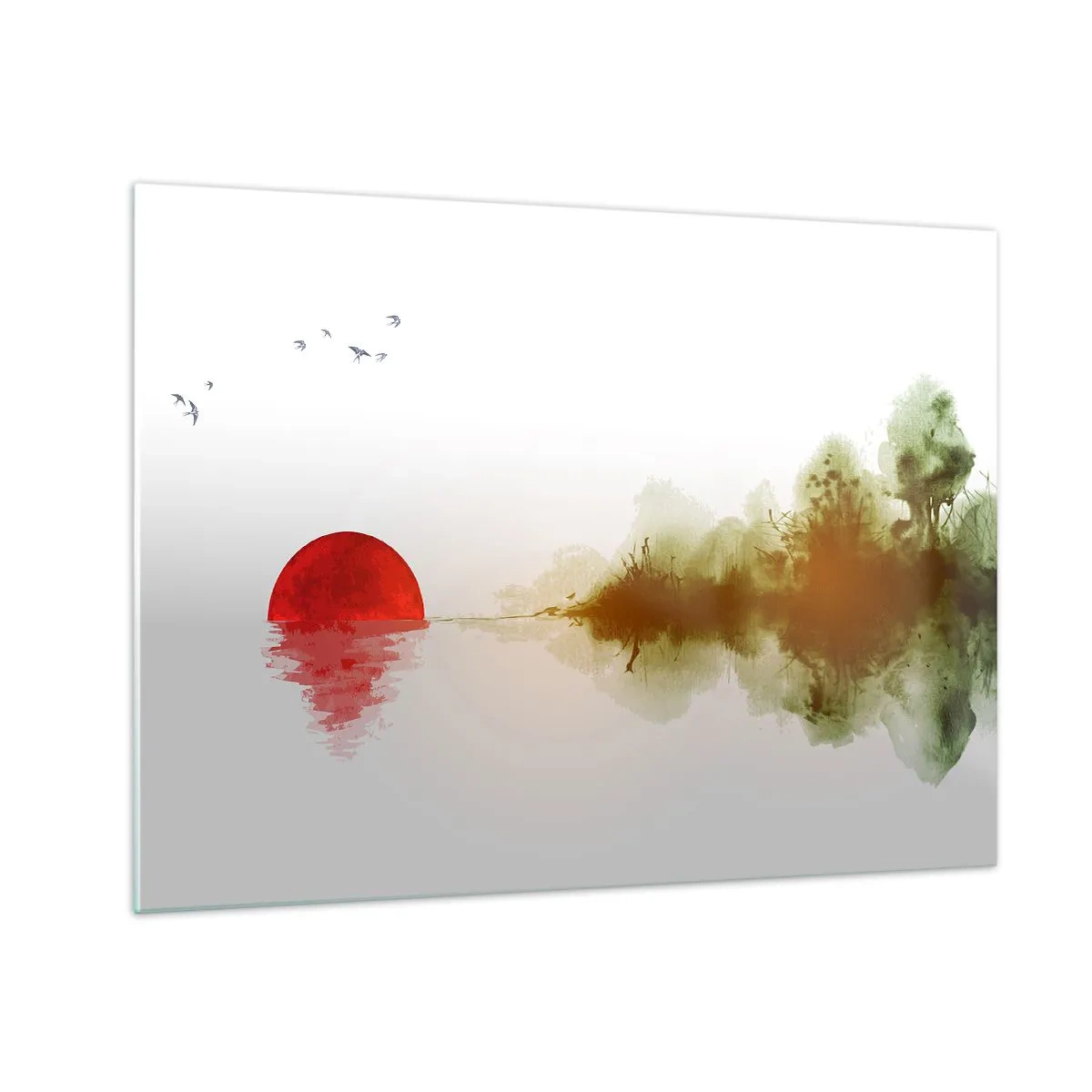 Obraz na szkle - Czerwone słońce nad wodą i zarysem leśnym - 70x50cm - Obietnica spokoju - Nowoczesna dekoracja ścienna do salonu i sypialni ARTTOR