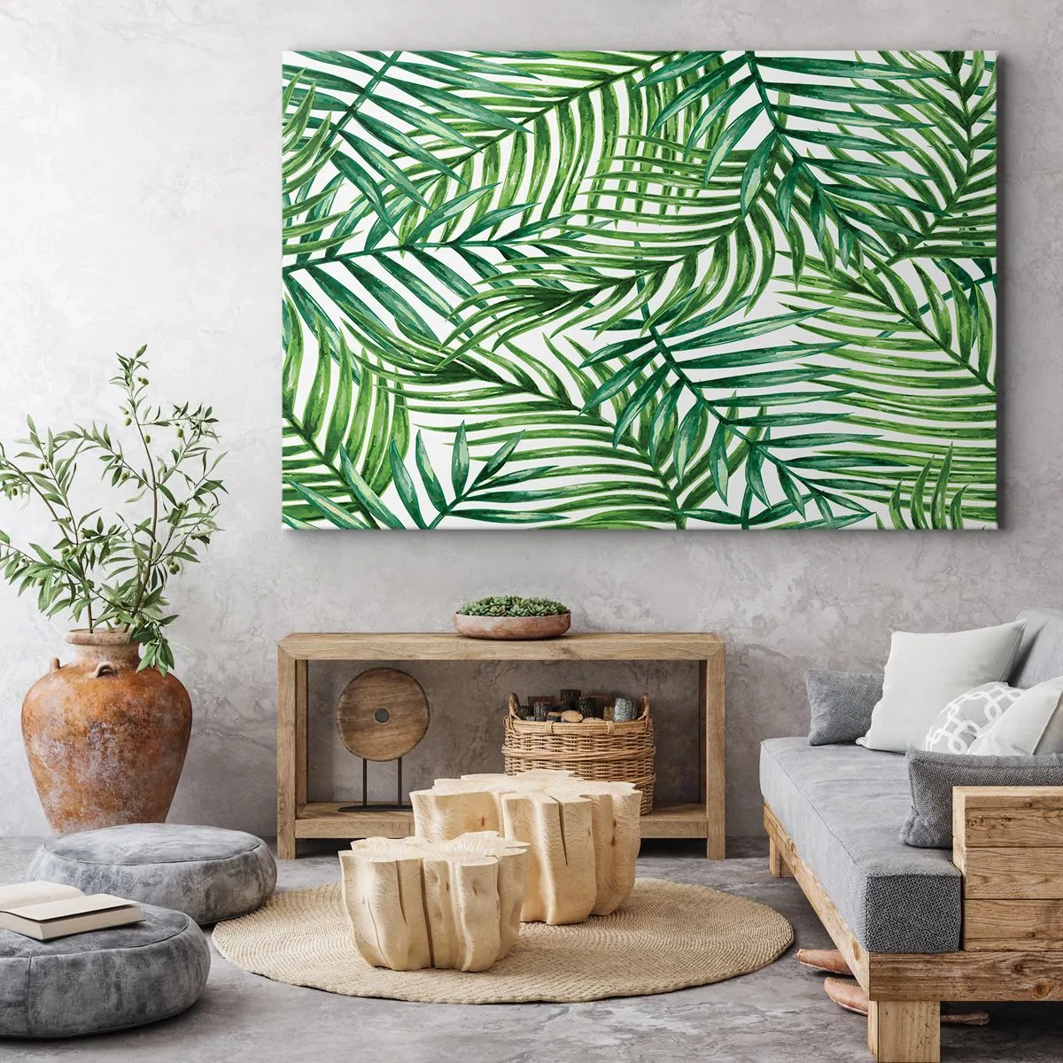 Obraz na płótnie - Zielone liście tropikalnych palm na jasnym tle - 100x70cm - Pod zielonym baldachimem - Nowoczesna dekoracja ścienna do salonu, kuchni i sypialni ARTTOR