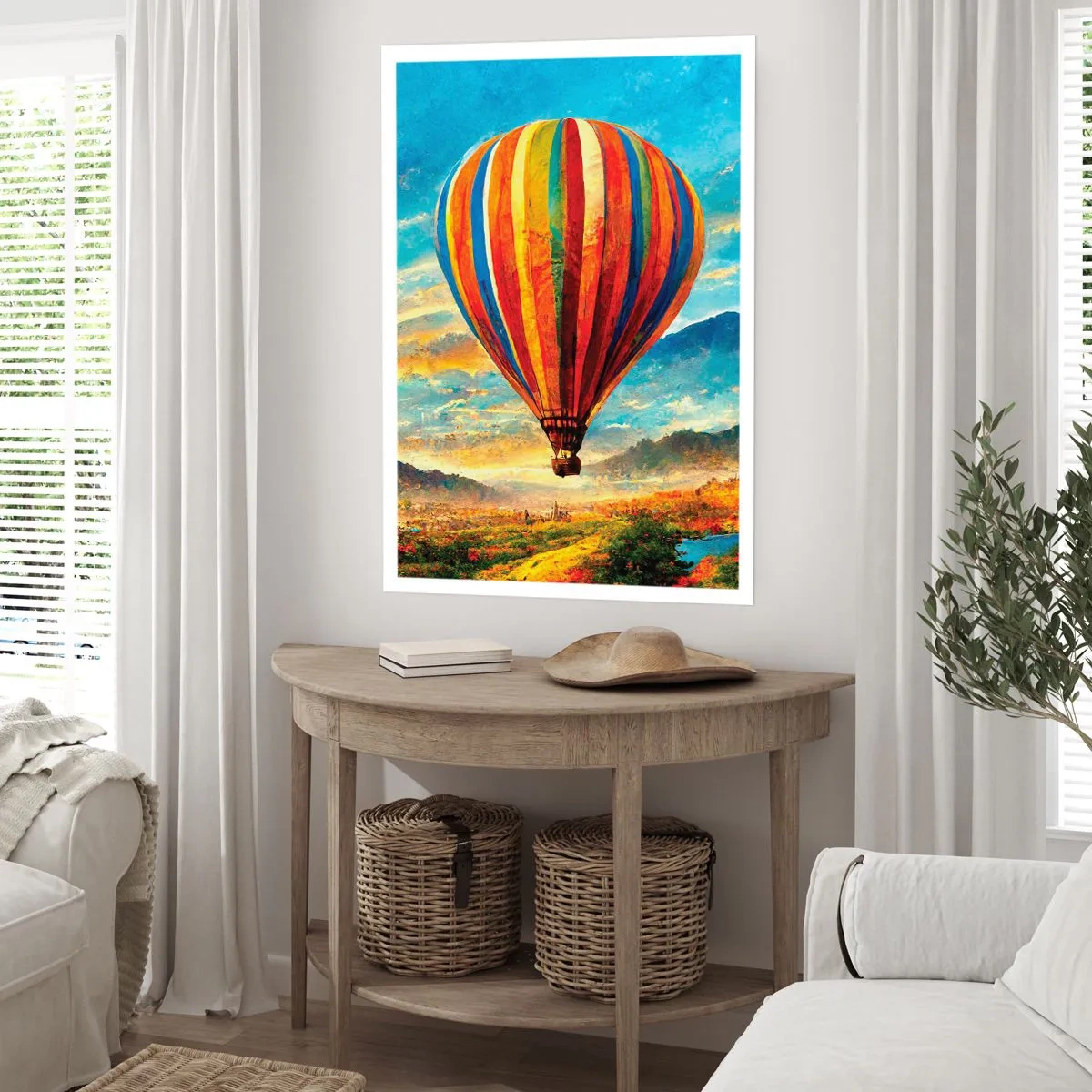 Plakat - Kolorowy balon nad malowniczym krajobrazem - 50x70cm - W ciszy widać więcej - Nowoczesna dekoracja ścienna do salonu, kuchni i sypialni ARTTOR