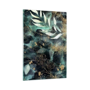 Obraz na szkle - Eleganckie liście na ciemnym tle z złotymi akcentami - 80x120cm - Zaczarowany ogród - Nowoczesna dekoracja ścienna do salonu i sypialni ARTTOR