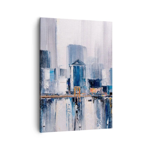 Obraz na płótnie - Abstrakcyjna panorama miasta w odcieniach błękitu i bieli - 50x70cm - Nowojorska impresja - Nowoczesna dekoracja ścienna do salonu, kuchni i sypialni ARTTOR