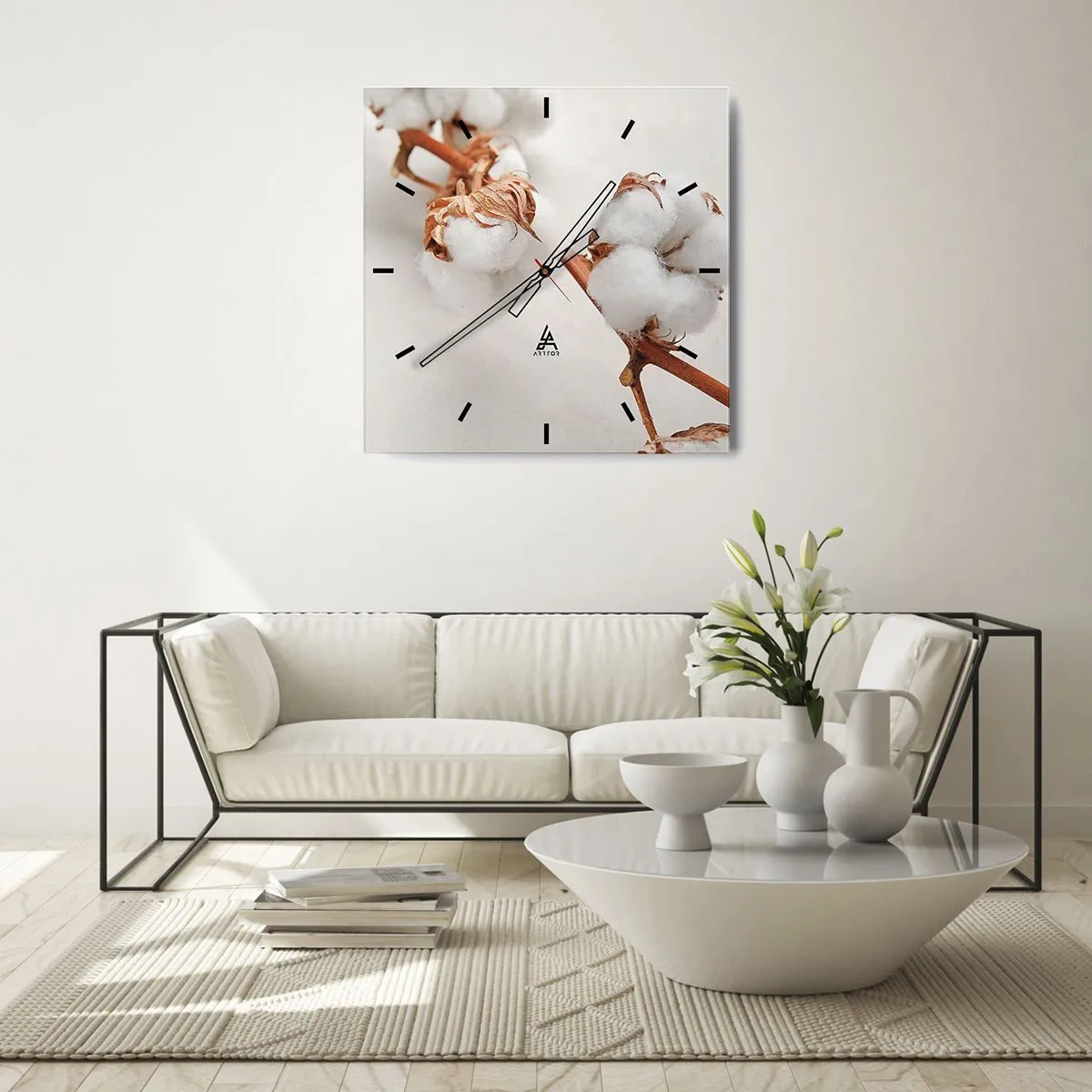 Zegar ścienny - Gałązka bawełny na subtelnym tle - 30x30cm - Tylko tulić - Nowoczesna dekoracja ścienna do salonu i sypialni ARTTOR