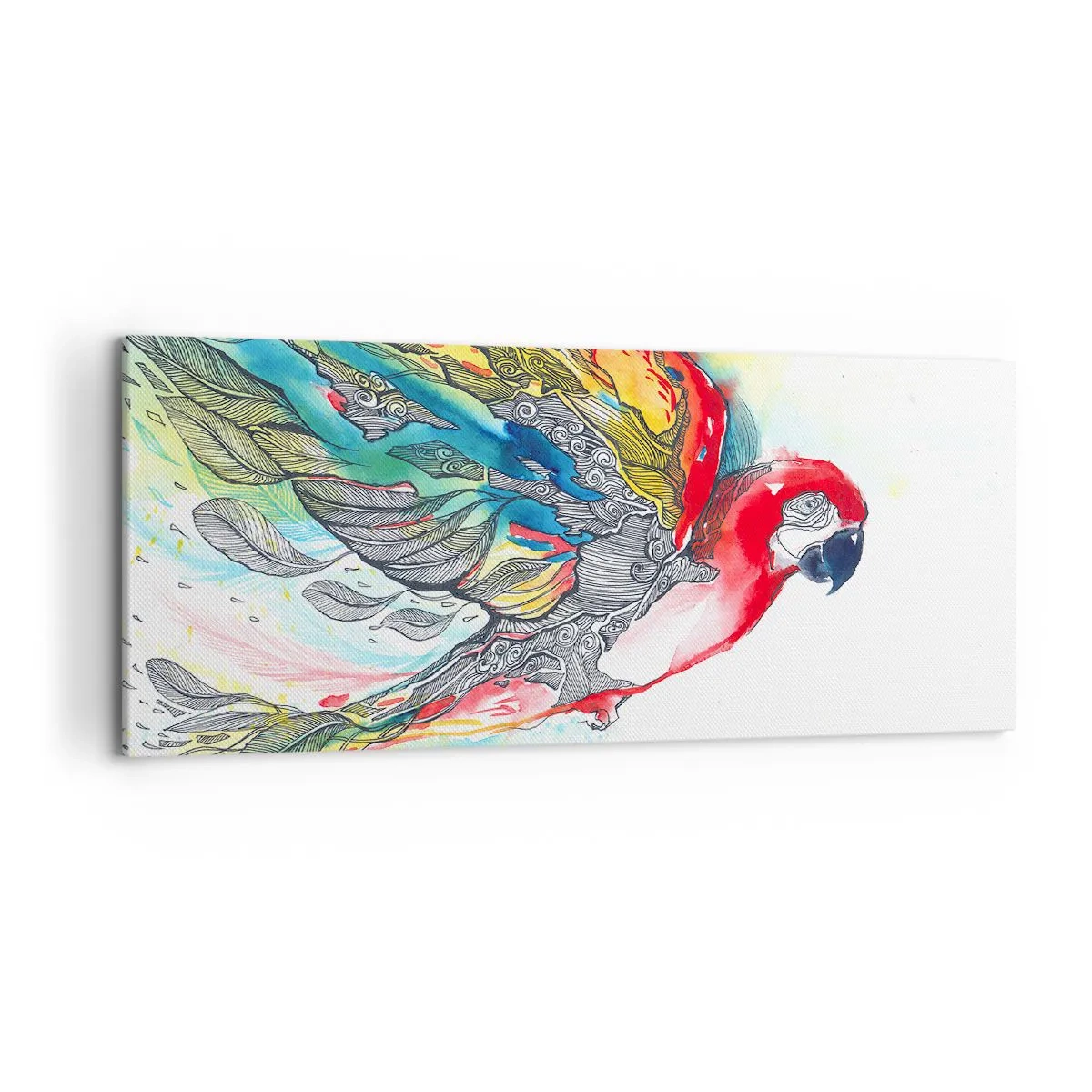 Obraz na płótnie - Kolorowa papuga w locie z abstrakcyjnymi wzorami na skrzydłach - 120x50cm - Żyj kolorowo - Nowoczesna dekoracja ścienna do salonu i sypialni ARTTOR