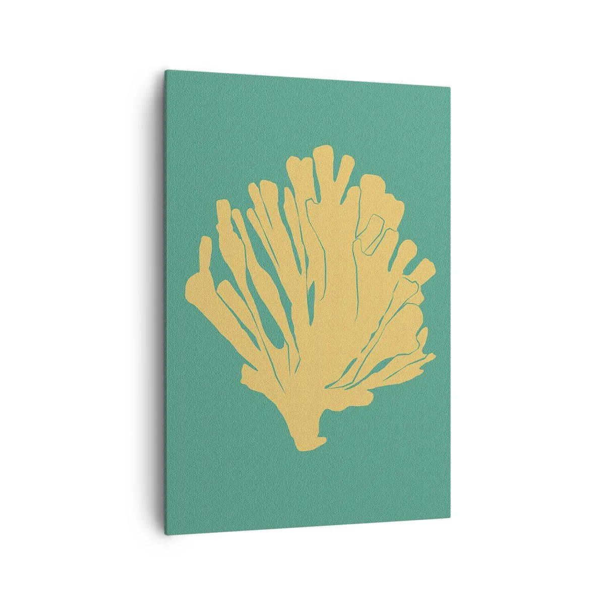 Obraz na płótnie - Minimalistyczna ilustracja koralowca w odcieniach złota na zielonym tle - 70x100cm - Krzak podwodnego lasu - Nowoczesna dekoracja ścienna do salonu i sypialni ARTTOR