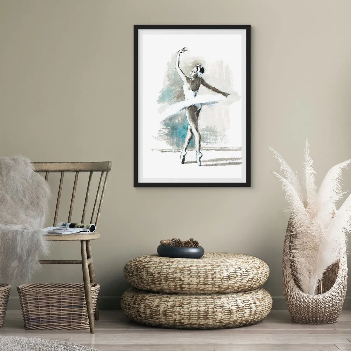 Plakat w czarnej ramie - Tancerka baletowa w białej sukni podczas występu - 50x70cm - Zaklęta w łabędzia - Nowoczesna dekoracja ścienna do salonu i sypialni ARTTOR