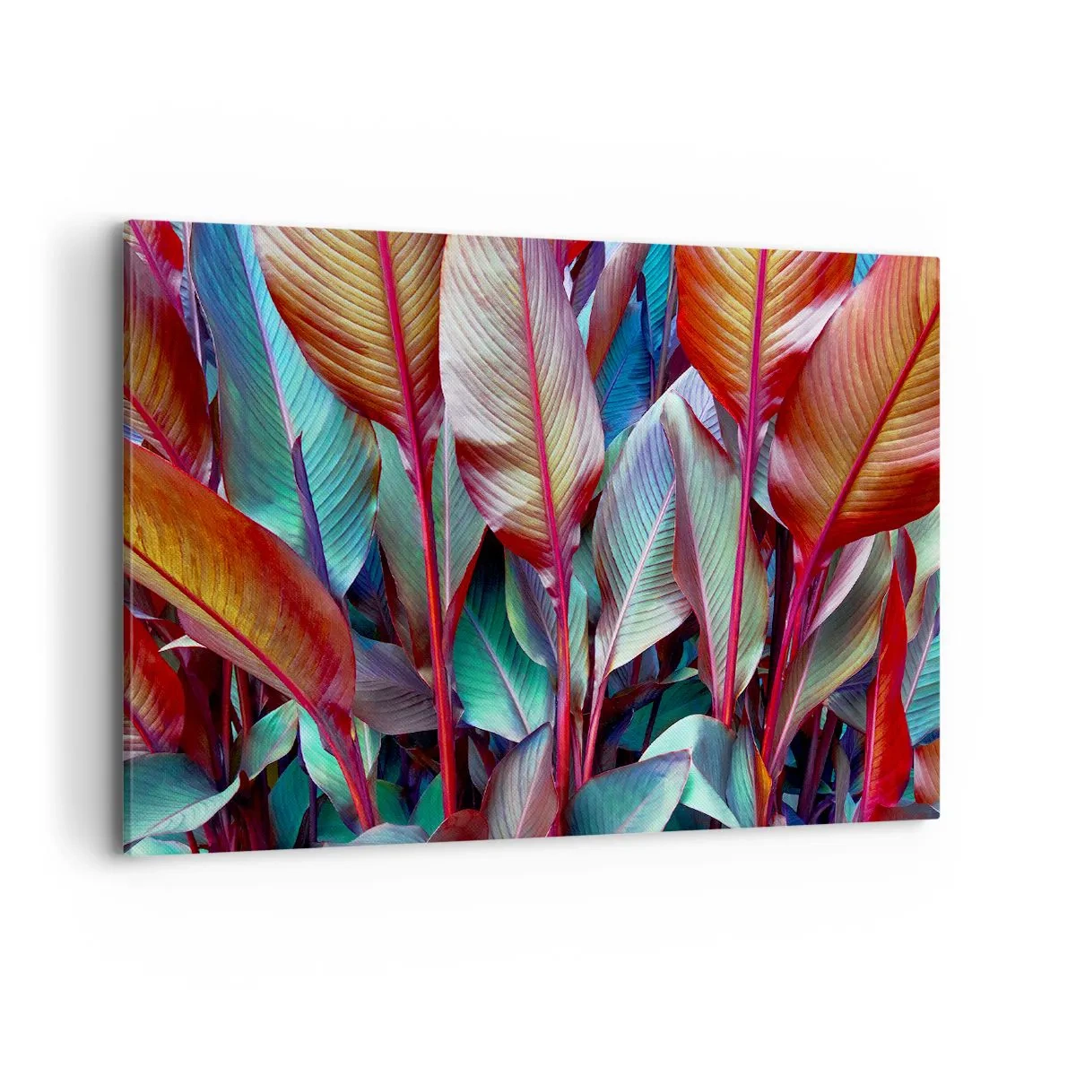 Obraz na płótnie - Kolorowe liście tropikalnych roślin w gąszczu - 100x70cm - Kolorowy gąszcz - Nowoczesna dekoracja ścienna do salonu, kuchni i sypialni ARTTOR