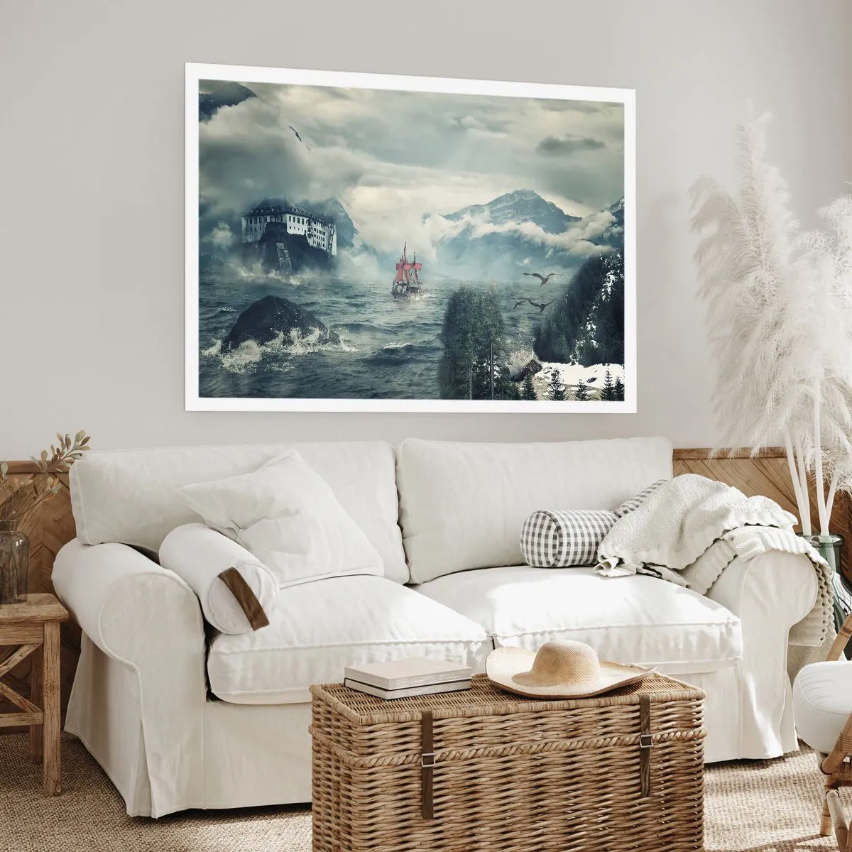 Plakat - Tajemniczy krajobraz z zamkiem, górami i statkiem - 100x70cm - Na magicznych wodach - Nowoczesna dekoracja ścienna do salonu i sypialni ARTTOR