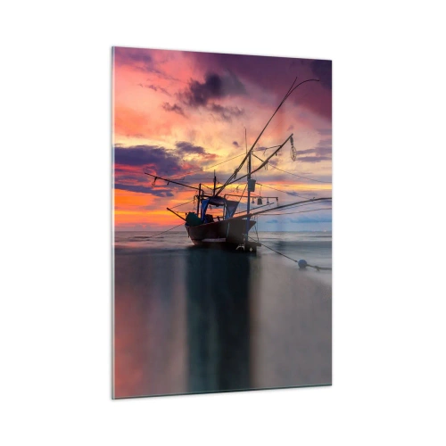 Obraz na szkle - Łodzie rybackie na morzu o zachodzie słońca - 50x70cm - Egzotyczny wieczór - Nowoczesna dekoracja ścienna do salonu, kuchni i sypialni ARTTOR