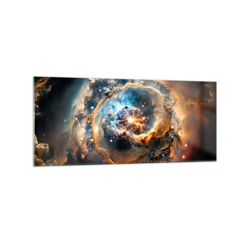 Obraz na szkle - Abstrakcyjna wizja kosmicznej eksplozji w odcieniach złota i błękitu - 120x50cm - Początek - Nowoczesna dekoracja ścienna do salonu i sypialni ARTTOR