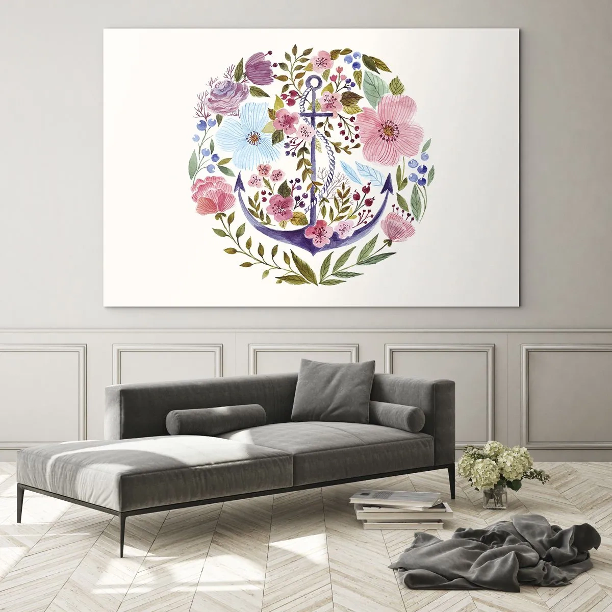Obraz na szkle - Kotwica w otoczeniu kolorowych kwiatów akwarelowych - 70x50cm - Dobry sen żeglarza - Nowoczesna dekoracja ścienna do salonu i sypialni ARTTOR