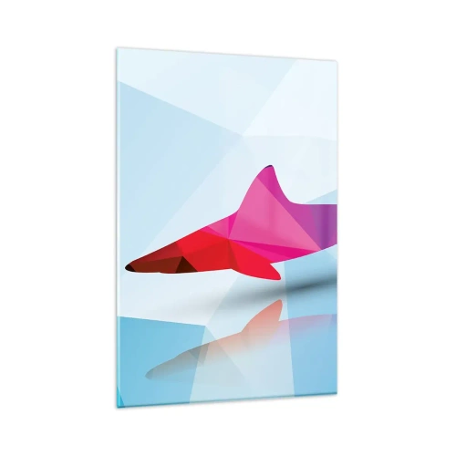 Obraz na szkle - Geometryczna sylwetka rekina w odcieniach różu i niebieskiego - 80x120cm - Rekin w krystalicznej przestrzeni - Nowoczesna dekoracja ścienna do salonu i sypialni ARTTOR