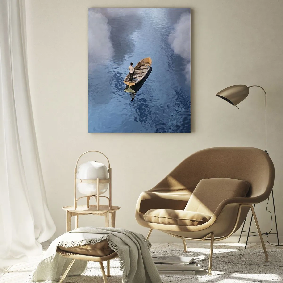 Obraz na szkle - Mężczyzna w łódce płynący przez wodę wśród obłoków - 50x70cm - Życie – podróż – niewiadoma - Nowoczesna dekoracja ścienna do salonu, kuchni i sypialni ARTTOR