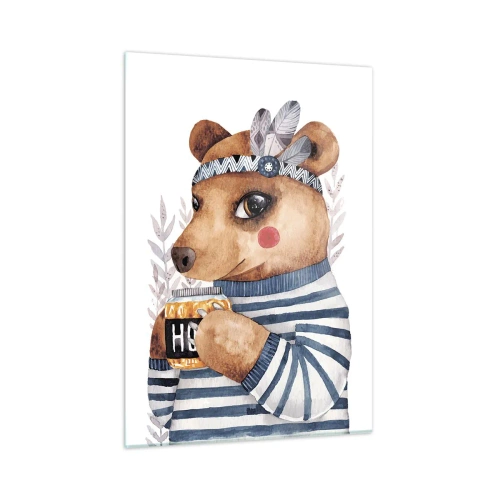 Obraz na szkle - Miś w paski z kubkiem miodu i piórami - 50x70cm - Słodka Misia - Nowoczesna dekoracja ścienna do salonu, kuchni i sypialni ARTTOR