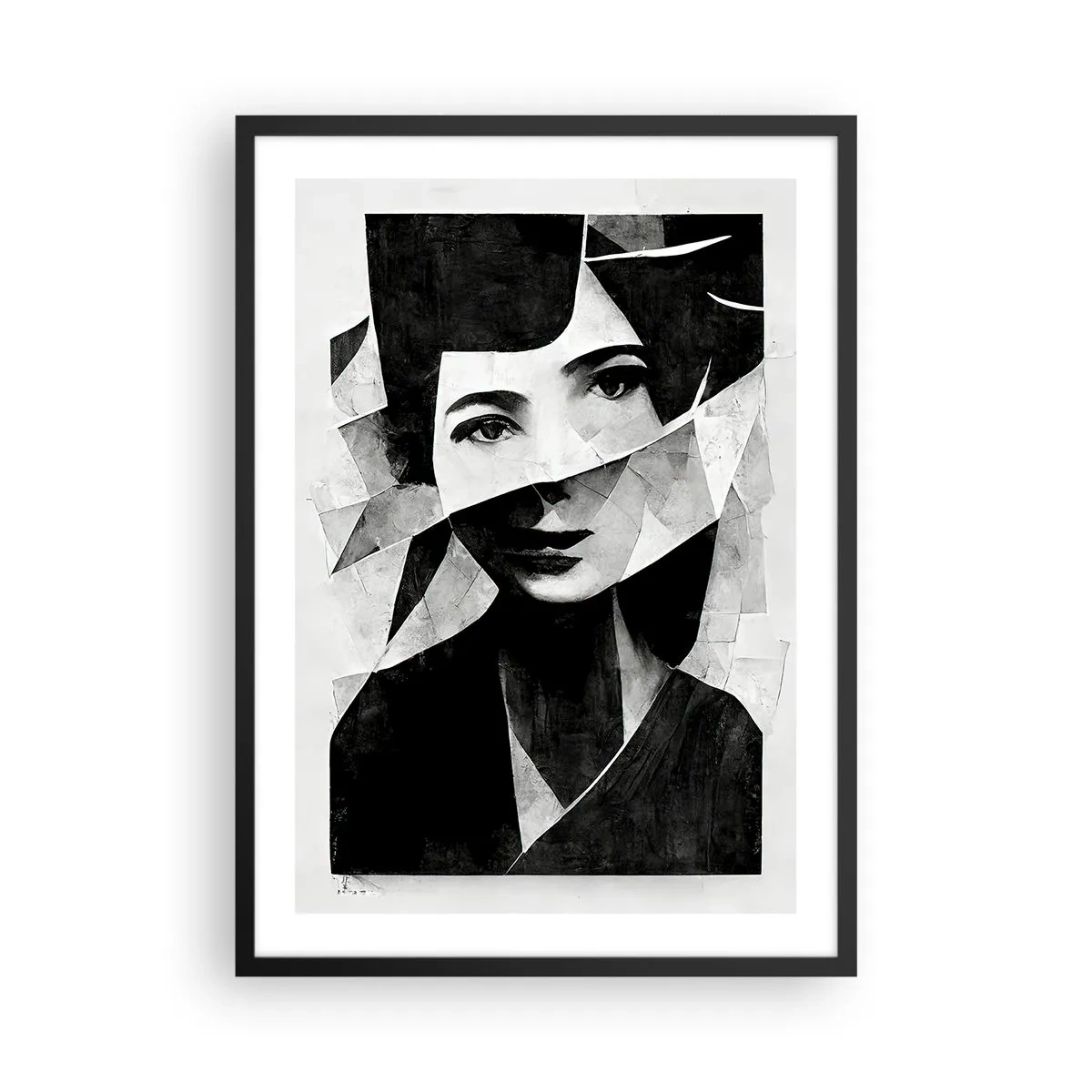 Plakat w czarnej ramie - Portret kobiety w abstrakcyjnej kompozycji - 50x70cm - Naprawdę jaka jesteś… - Nowoczesna dekoracja ścienna do salonu i sypialni ARTTOR