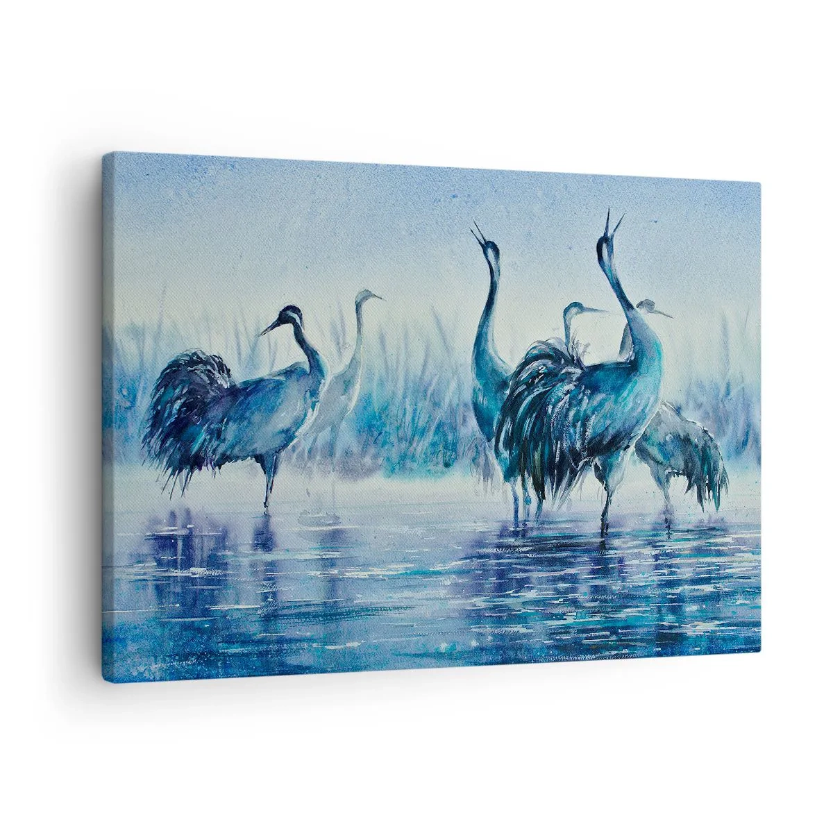 Obraz na płótnie - Żurawie na tle mgły i wody w niebieskiej tonacji - 70x50cm - Poranne spotkanie - Nowoczesna dekoracja ścienna do salonu i sypialni ARTTOR
