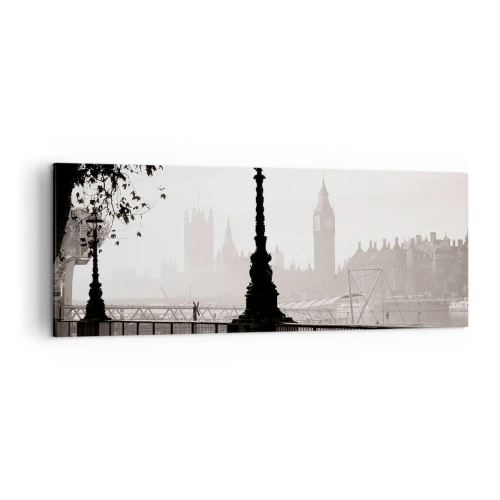 Obraz na płótnie - Monochromatyczny widok na Big Ben i Tamizę - 140x50cm - Londyński poranek - Nowoczesna dekoracja ścienna do salonu i sypialni ARTTOR
