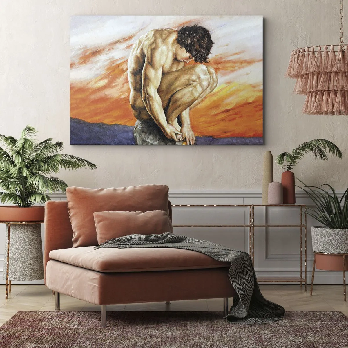 Obraz na płótnie - Mężczyzna w zamyśleniu na tle zachodu słońca - 70x50cm - Zatopiony w sobie - Nowoczesna dekoracja ścienna do salonu i sypialni ARTTOR