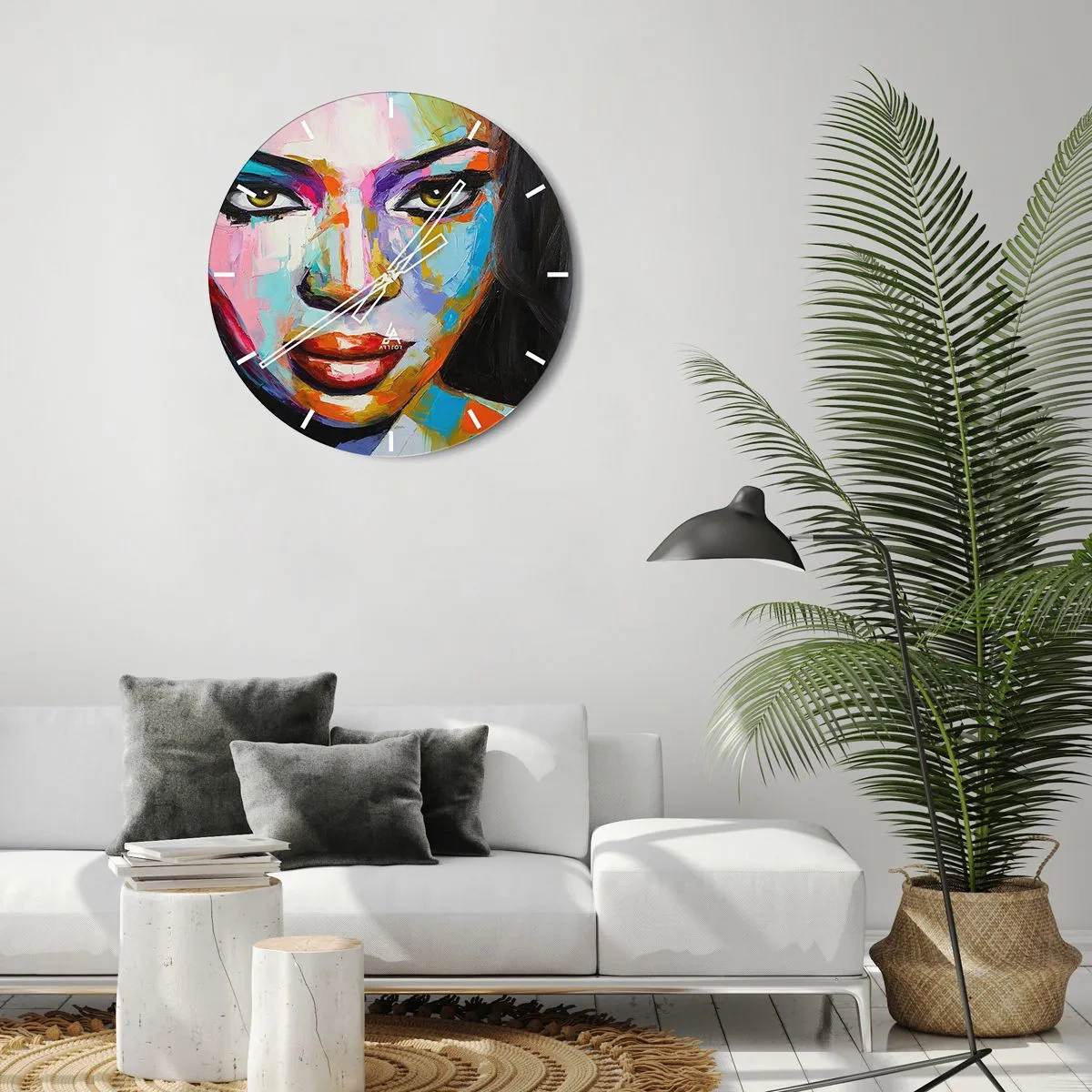 Zegar ścienny - Kolorowy portret kobiety w intensywnych barwach - 30x30cm - Nie sposób oderwac oczu - Nowoczesna dekoracja ścienna do salonu, kuchni i sypialni ARTTOR