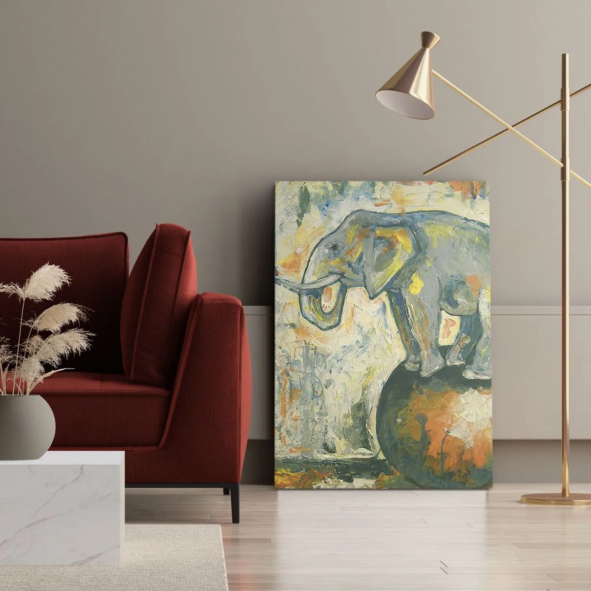 Obraz na płótnie - Niech żyje cyrk! - Malowany słoń balansujący na kuli - 50x70cm