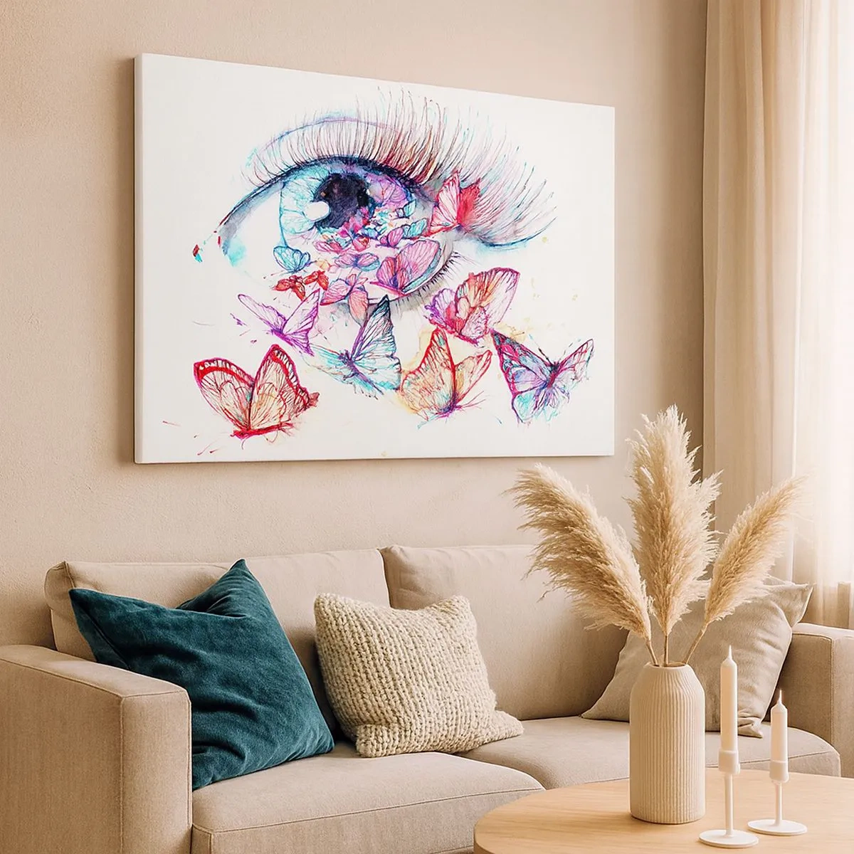 Obraz na płótnie - Akwarelowe oko otoczone kolorowymi motylami - 70x50cm - Bajkowy oczu czar - Nowoczesna dekoracja ścienna do salonu i sypialni ARTTOR