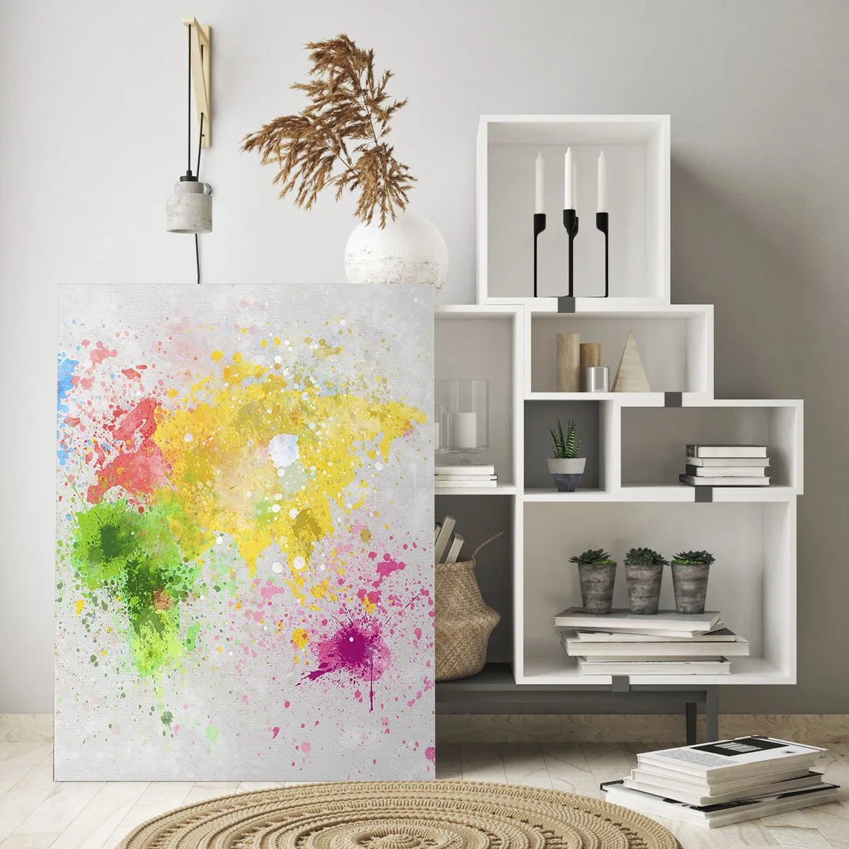 Obraz na szkle - Mapa świata w kolorowych plamach farby - 50x70cm - Wszystkie barwy świata - Nowoczesna dekoracja ścienna do salonu, kuchni i sypialni ARTTOR