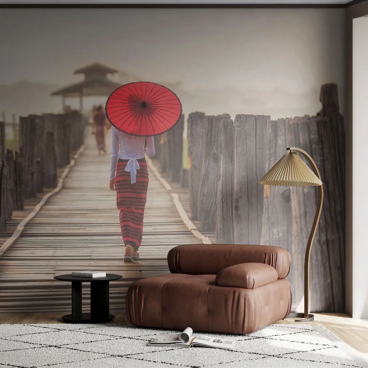 Fototapeta Premium Sand - Kobieta z czerwonym parasolem na drewnianym moście o świcie - 100x70cm - Na starym moście - Nowoczesna dekoracja ścienna do salonu, kuchni i sypialni ARTTOR