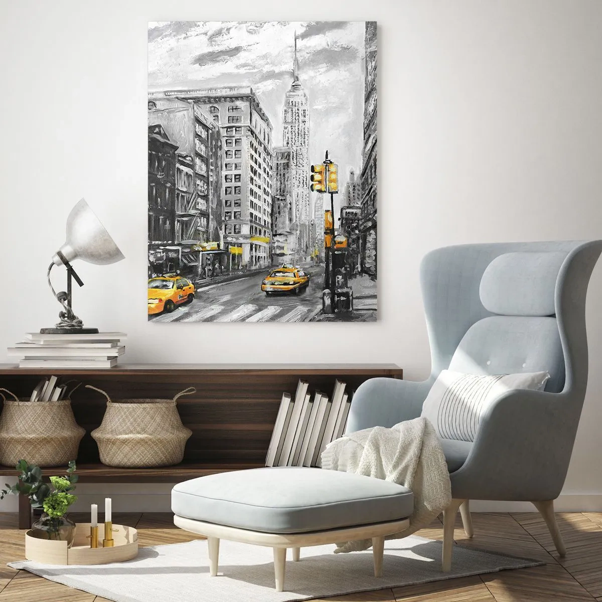 Obraz na szkle - Ilustracja przedstawiająca Nowy Jork w odcieniach czerni i bieli z akcentami żółtym - 50x70cm - Nowojorska opowieść - Nowoczesna dekoracja ścienna do salonu, kuchni i sypialni ARTTOR