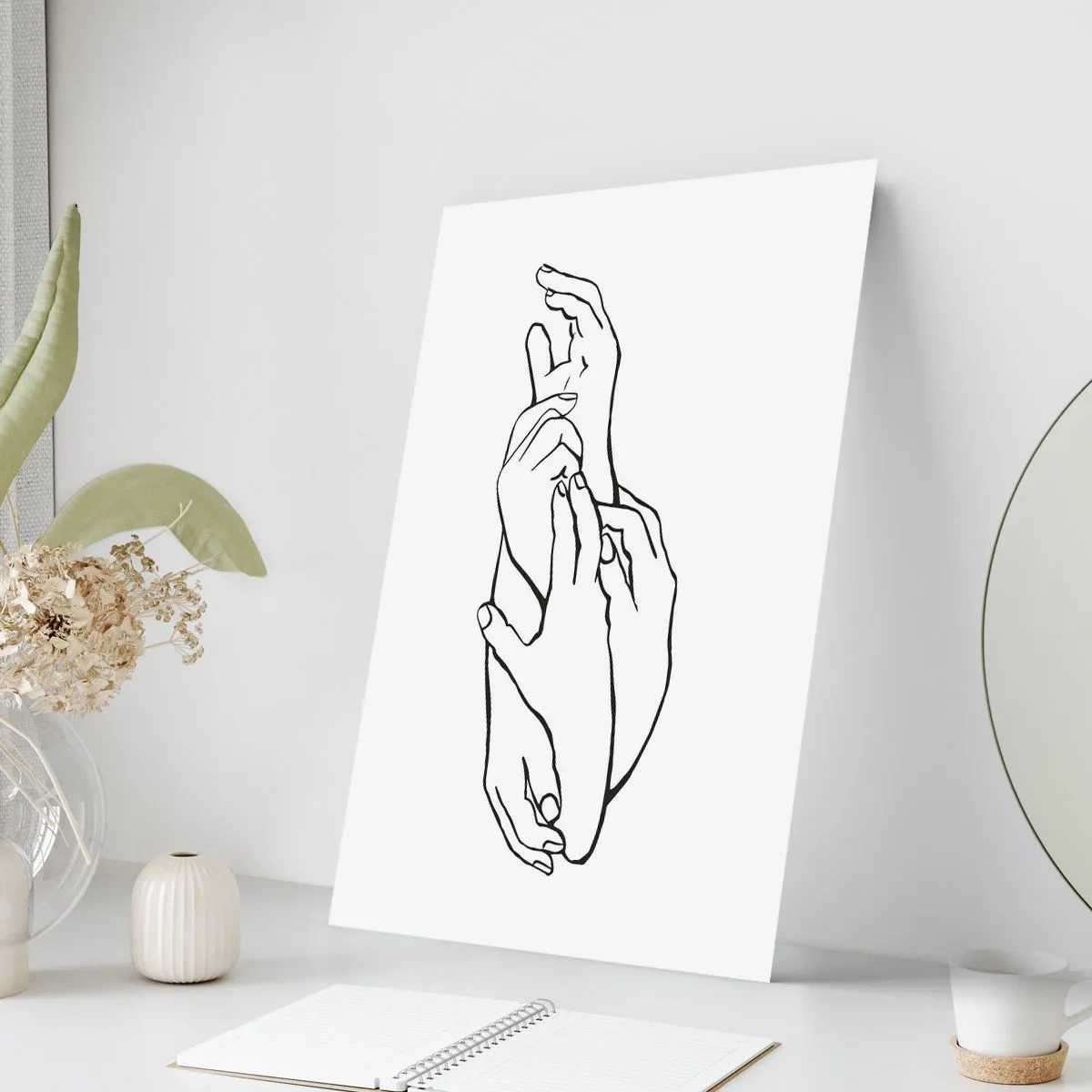 Plakat - Minimalistyczny szkic splecionych dłoni na białym tle - 50x70cm - Dobry dotyk - Nowoczesna dekoracja ścienna do salonu, kuchni i sypialni ARTTOR